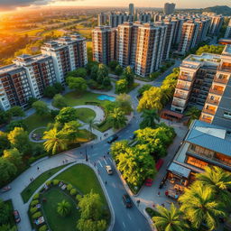 A vibrant and detailed aerial view of Ekbatan Town, showcasing its distinctive architectural style with modern high-rise buildings and lush green parks