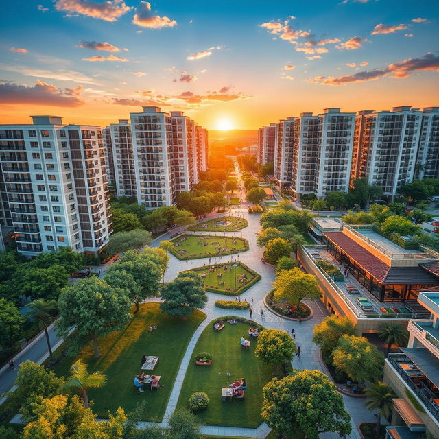 A vibrant and detailed aerial view of Ekbatan Town, showcasing its distinctive architectural style with modern high-rise buildings and lush green parks