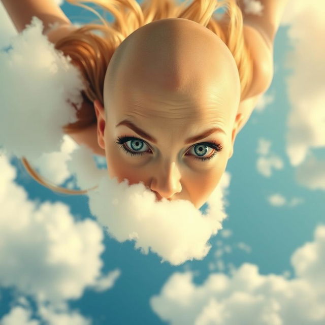 A beautiful bald woman with striking blue eyes and vibrant red lips, falling gracefully from the sky