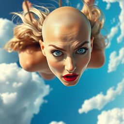 A beautiful bald woman with striking blue eyes and vibrant red lips, falling gracefully from the sky