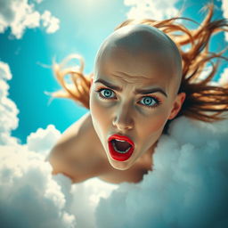 A beautiful bald woman with striking blue eyes and vibrant red lips, falling gracefully from the sky