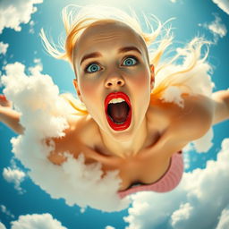 A beautiful bald woman with striking blue eyes and vibrant red lips, falling gracefully from the sky
