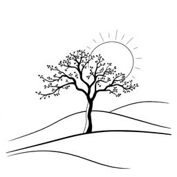 A minimalist and elegant black line drawing featuring a serene landscape with rolling hills and a stylized tree in the foreground