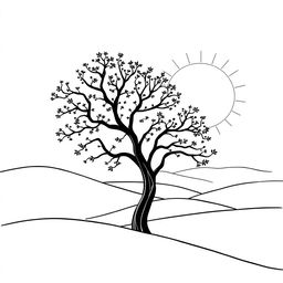 A minimalist and elegant black line drawing featuring a serene landscape with rolling hills and a stylized tree in the foreground