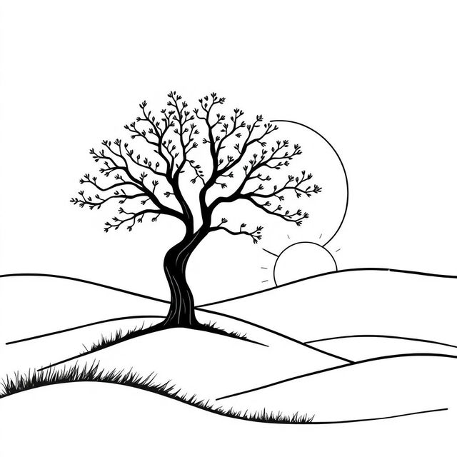 A minimalist and elegant black line drawing featuring a serene landscape with rolling hills and a stylized tree in the foreground