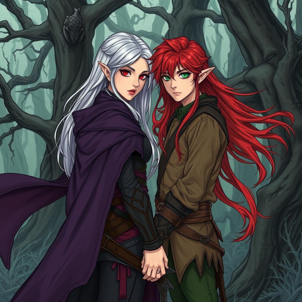 An illustration in manhwa style of a couple in a cursed forest