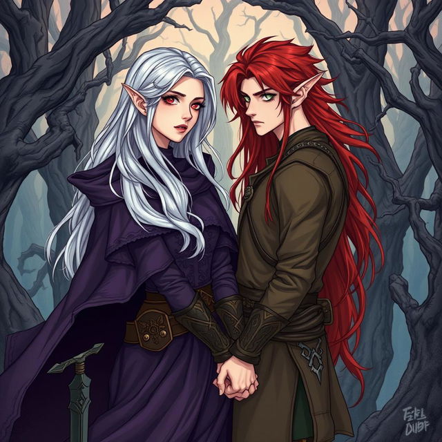 An illustration in manhwa style of a couple in a cursed forest