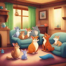 A high-quality digital art image displaying a variety of animated animals in a cozy home setting