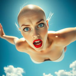 A stunning bald woman with striking blue eyes and vibrant red lips is captured in mid-air, falling gracefully from a bright blue sky