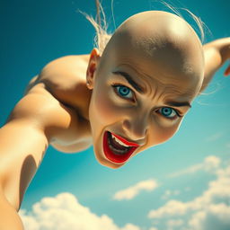 A stunning bald woman with striking blue eyes and vibrant red lips is captured in mid-air, falling gracefully from a bright blue sky