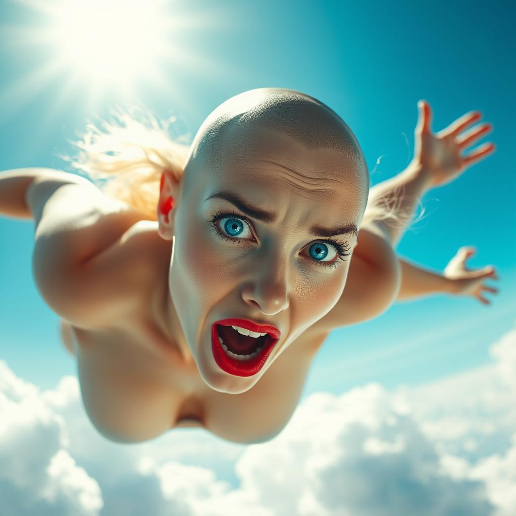 A stunning bald woman with striking blue eyes and vibrant red lips is captured in mid-air, falling gracefully from a bright blue sky