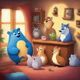 A high-quality digital art image displaying a variety of animated animals in a cozy home setting