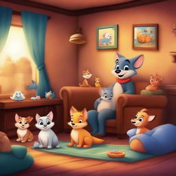 A high-quality digital art image displaying a variety of animated animals in a cozy home setting