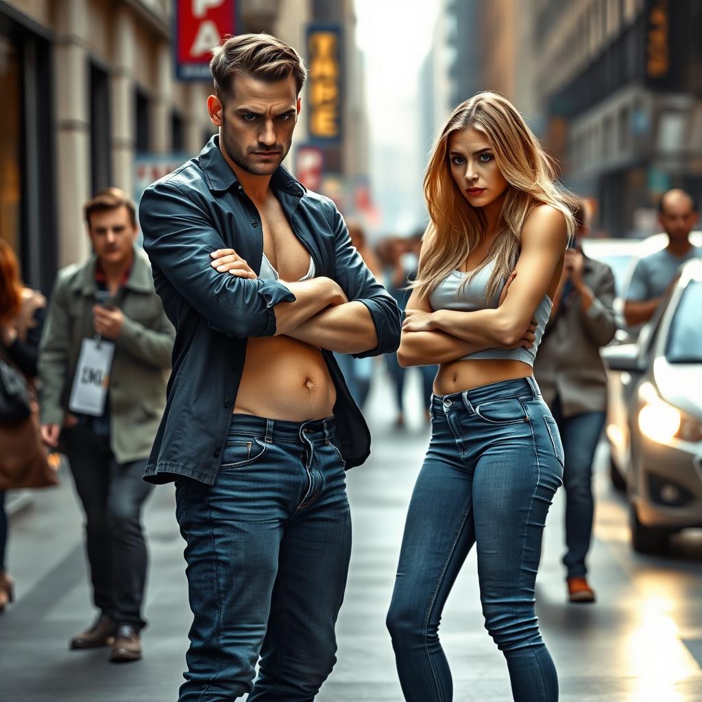 A dramatic scene on a busy street where a boyfriend is visibly upset with his girlfriend