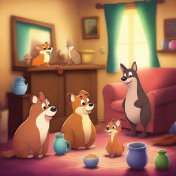 A high-quality digital art image displaying a variety of animated animals in a cozy home setting