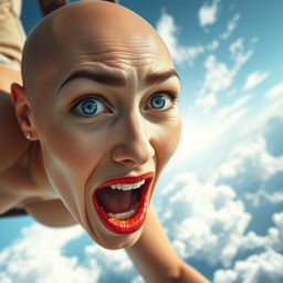 A stunning bald woman with striking blue eyes and vibrant red lips, gracefully falling from the sky