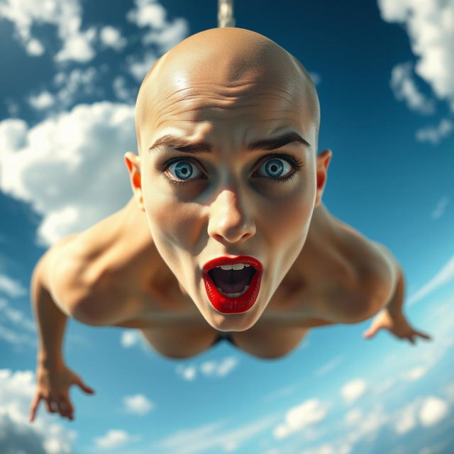 A stunning bald woman with striking blue eyes and vibrant red lips, gracefully falling from the sky