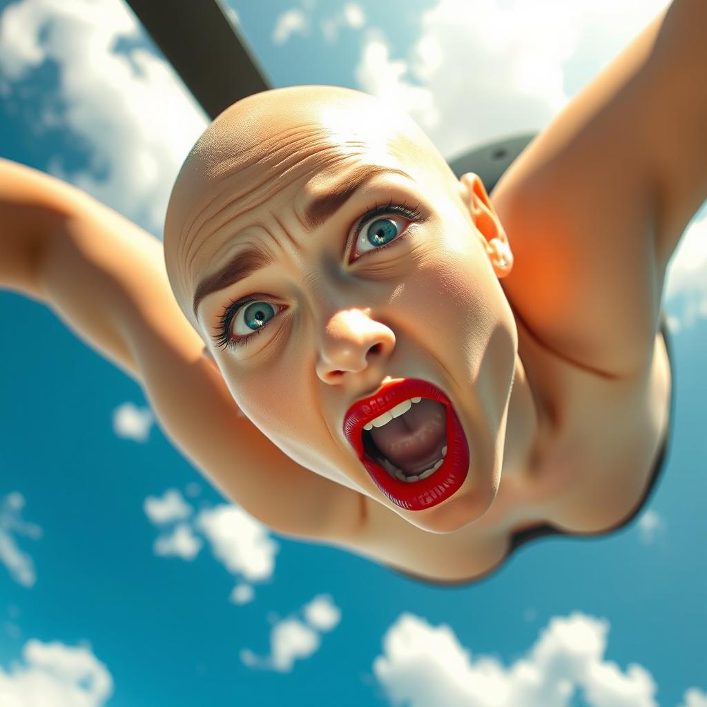 A stunning bald woman with striking blue eyes and vibrant red lips, gracefully falling from the sky