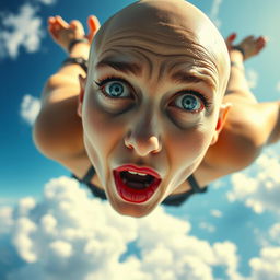 A stunning bald woman with striking blue eyes and vibrant red lips, gracefully falling from the sky