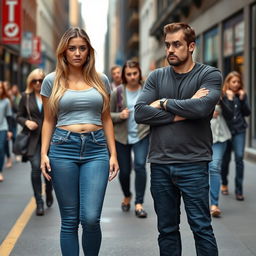 A tense scene on a bustling street where a boyfriend is visibly upset with his girlfriend, who has a fuller figure