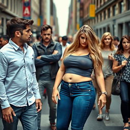 A tense scene on a bustling street where a boyfriend is visibly upset with his girlfriend, who has a fuller figure