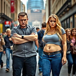 A tense scene on a bustling street where a boyfriend is visibly upset with his girlfriend, who has a fuller figure