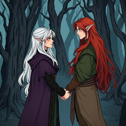 An illustration in manhwa style featuring a couple in a cursed forest