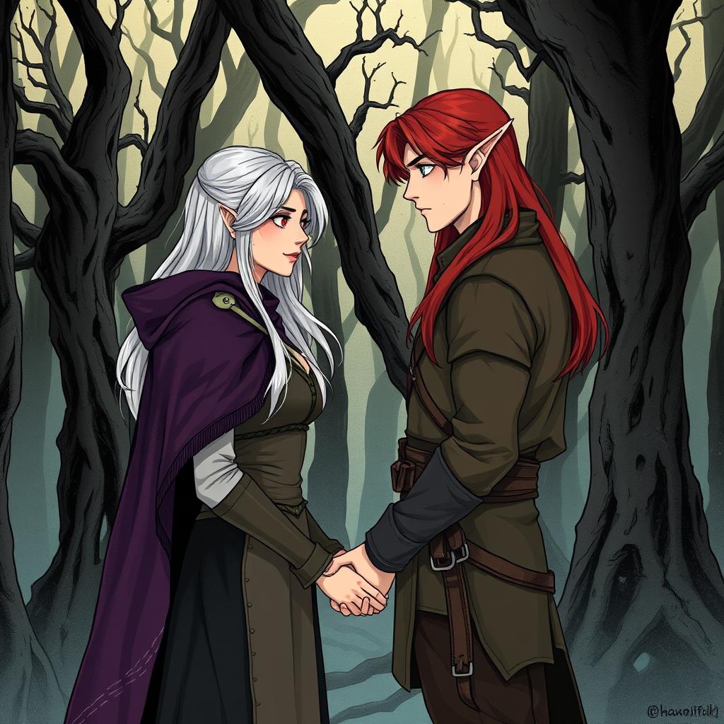 An illustration in manhwa style featuring a couple in a cursed forest