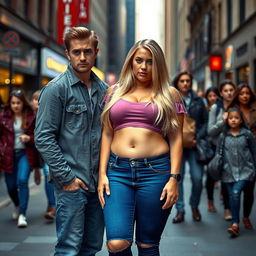 An emotionally charged scene on a city street where a boyfriend is upset with his curvy girlfriend