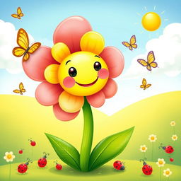 A vibrant and cheerful illustration of a cute flower with a smiling face