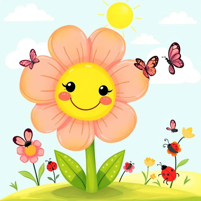 A vibrant and cheerful illustration of a cute flower with a smiling face