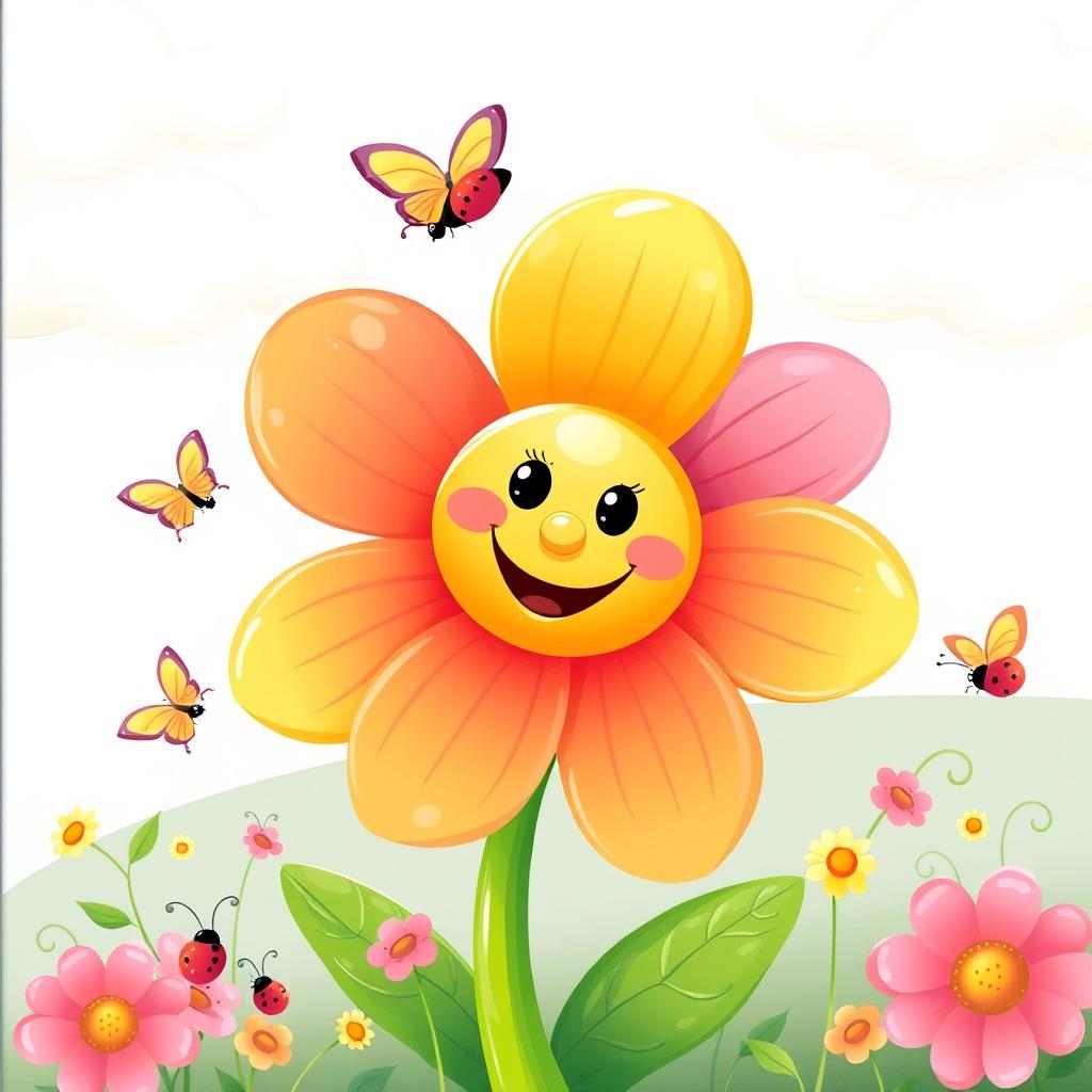 A vibrant and cheerful illustration of a cute flower with a smiling face