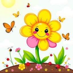 A vibrant and cheerful illustration of a cute flower with a smiling face