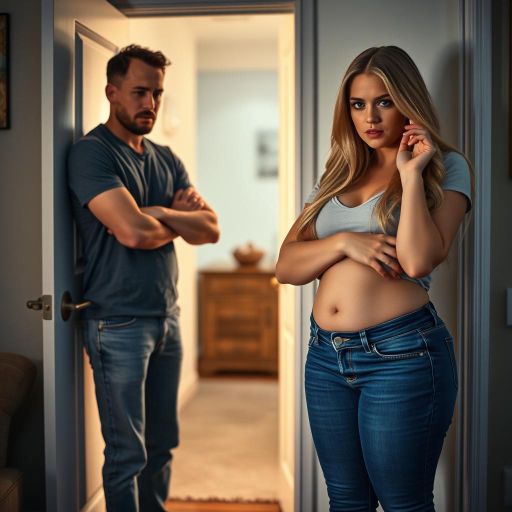 An emotional scene at an apartment door where a boyfriend is upset with his curvy girlfriend