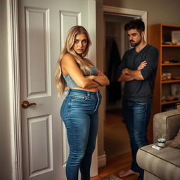 An emotional scene at an apartment door where a boyfriend is upset with his curvy girlfriend