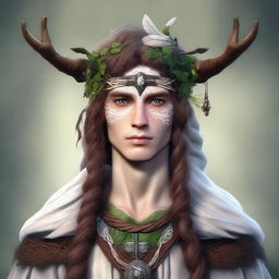 A high-quality digital art image of a human druid with brown hair and white skin