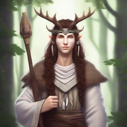 A high-quality digital art image of a human druid with brown hair and white skin