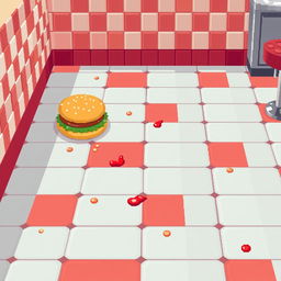 Create a pixel art floor design for a hamburger restaurant, resembling the style of classic 2D video games