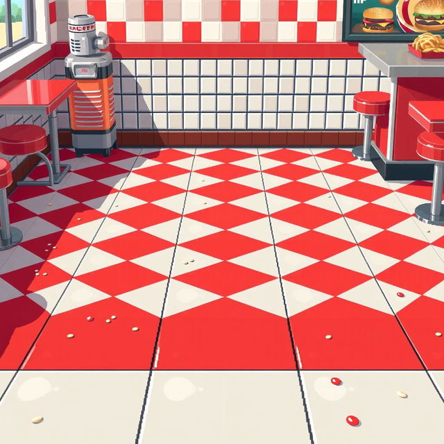 Create a pixel art floor design for a hamburger restaurant, resembling the style of classic 2D video games