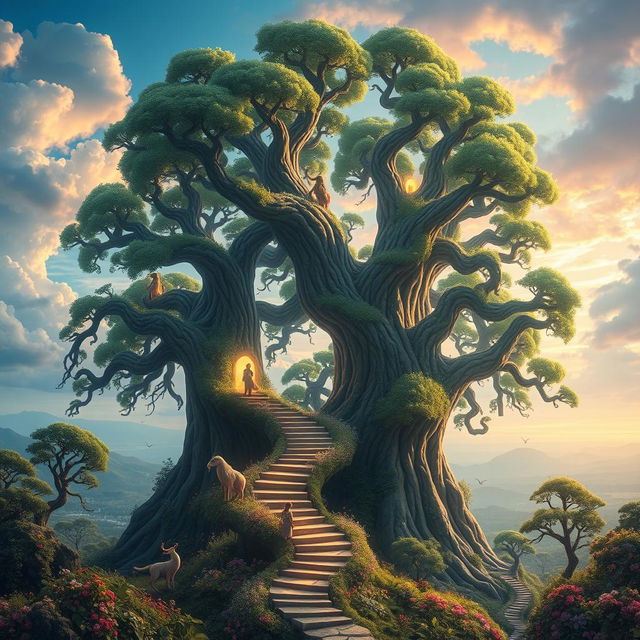 Gigantic trees whose branches serve as natural staircases or elevators to other levels of the realm