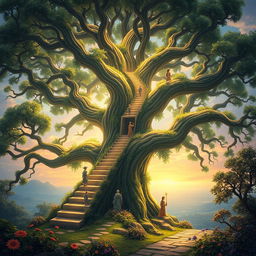Gigantic trees whose branches serve as natural staircases or elevators to other levels of the realm