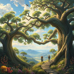 Gigantic trees whose branches serve as natural staircases or elevators to other levels of the realm