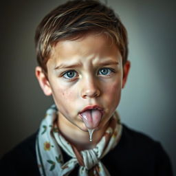 A young person with spasticity, saliva drooling from their mouth, wearing a tied handkerchief around their neck