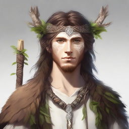 A high-quality digital art image of a human druid with brown hair and white skin