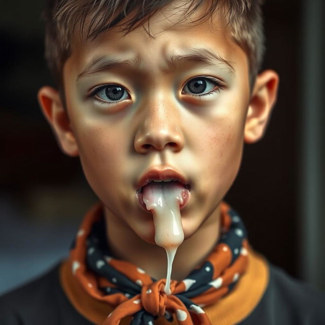 A young person with spasticity, saliva drooling from their mouth, wearing a tied handkerchief around their neck