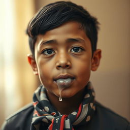 A young person with spasticity, saliva drooling from their mouth, wearing a tied handkerchief around their neck