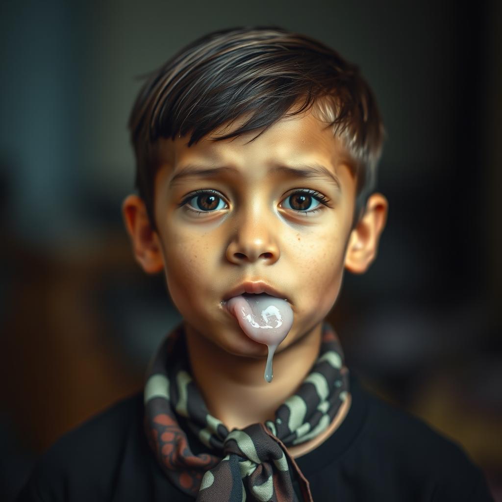 A young person with spasticity, saliva drooling from their mouth, wearing a tied handkerchief around their neck