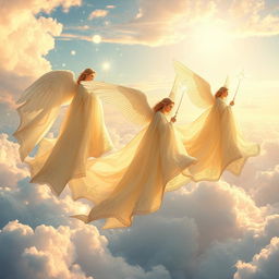 Enchanted fabrics used as flying carpets, allowing angels to travel with elegance and tranquility