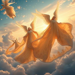 Enchanted fabrics used as flying carpets, allowing angels to travel with elegance and tranquility