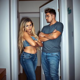 An emotional confrontation at an apartment door where a boyfriend is upset with his curvy girlfriend